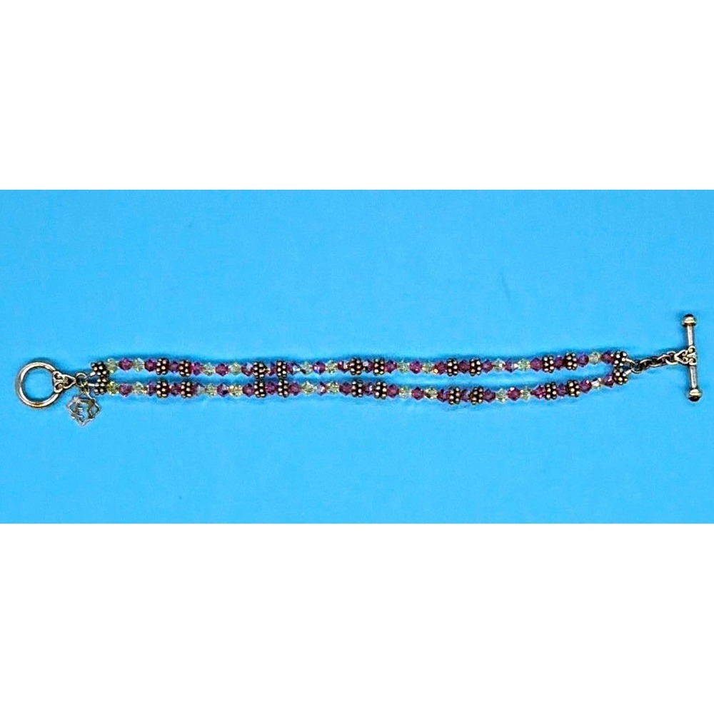 VTG Elyse Ryan 925 Sterling Silver Pink Yellow Crystal 2 Strand Bracelet 7.5"